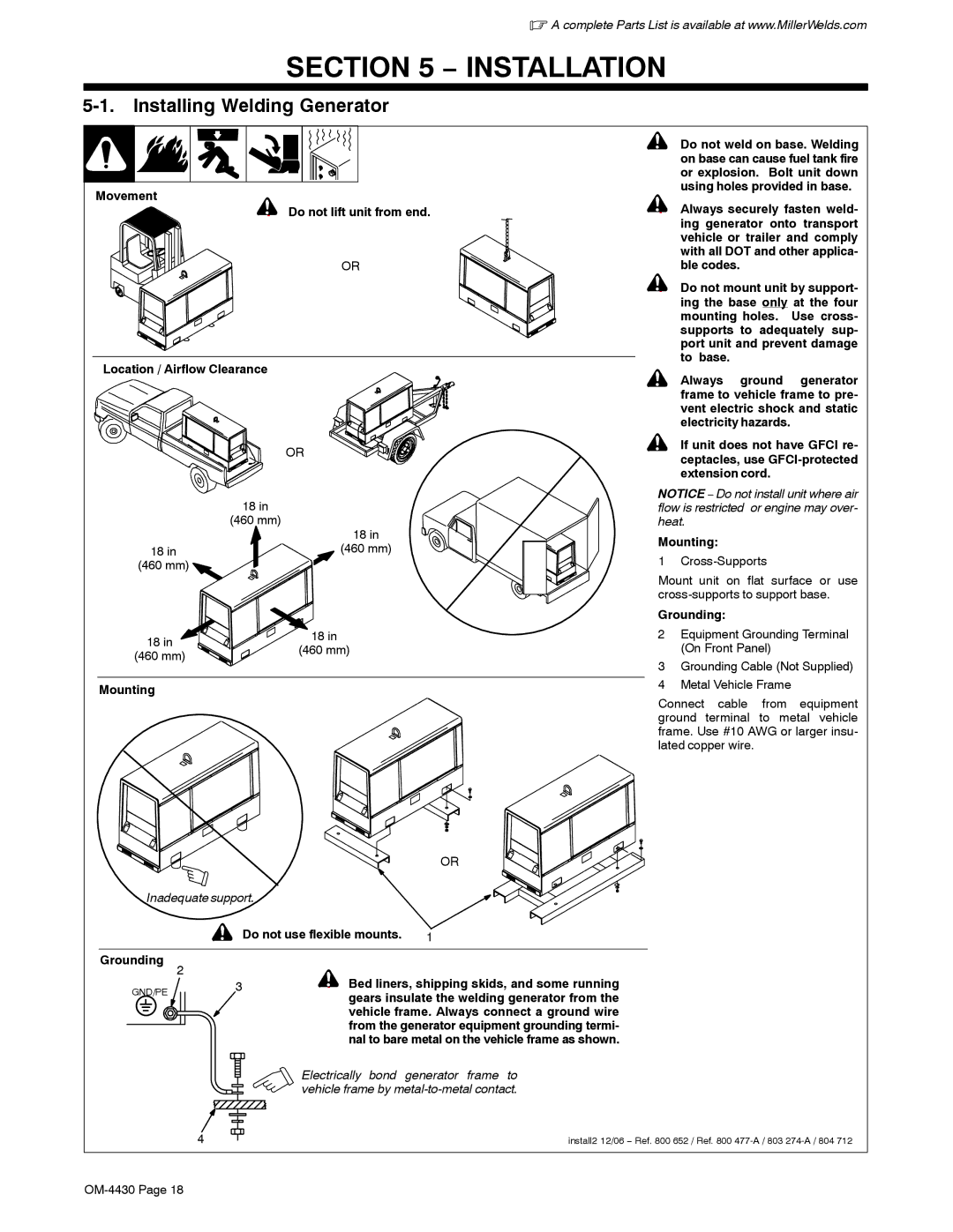 Miller Electric 280 NT manual Installation, Installing Welding Generator 