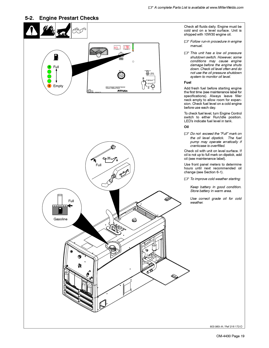 Miller Electric 280 NT manual Engine Prestart Checks, Oil 