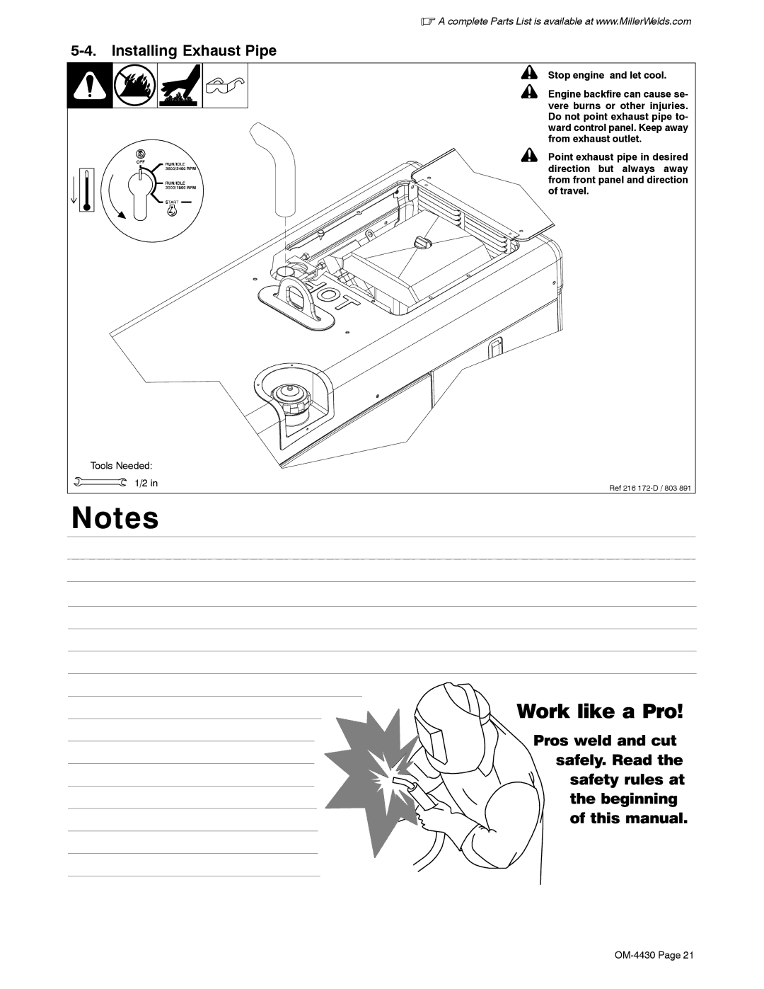 Miller Electric 280 NT manual Installing Exhaust Pipe, Tools Needed 1/2, Stop engine and let cool 