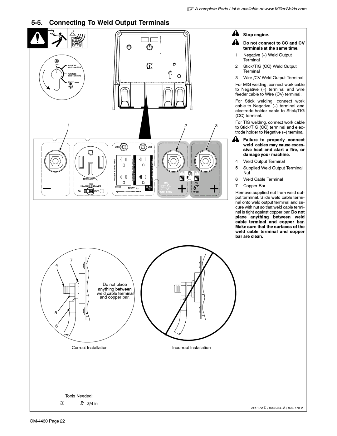 Miller Electric 280 NT Connecting To Weld Output Terminals, Stop engine, Failure to properly connect, Damage your machine 