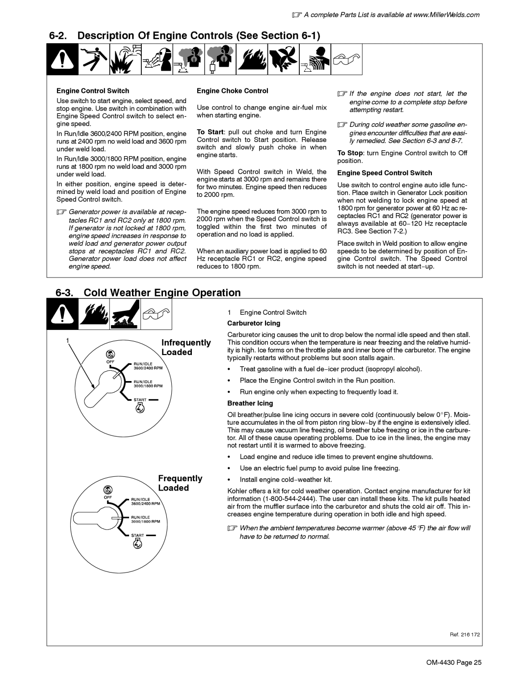Miller Electric 280 NT Description Of Engine Controls See Section, Cold Weather Engine Operation, Infrequently, Loaded 