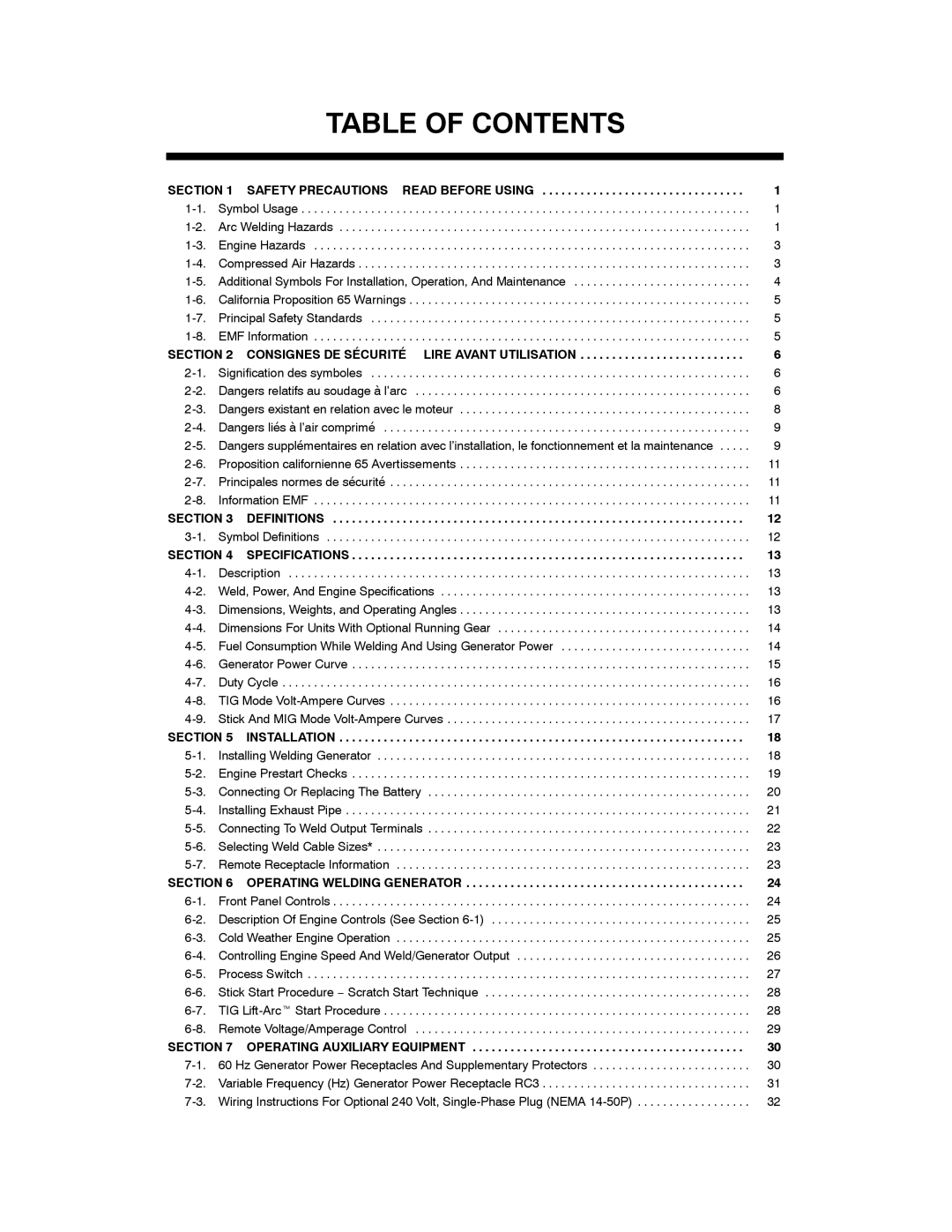 Miller Electric 280 NT manual Table of Contents 