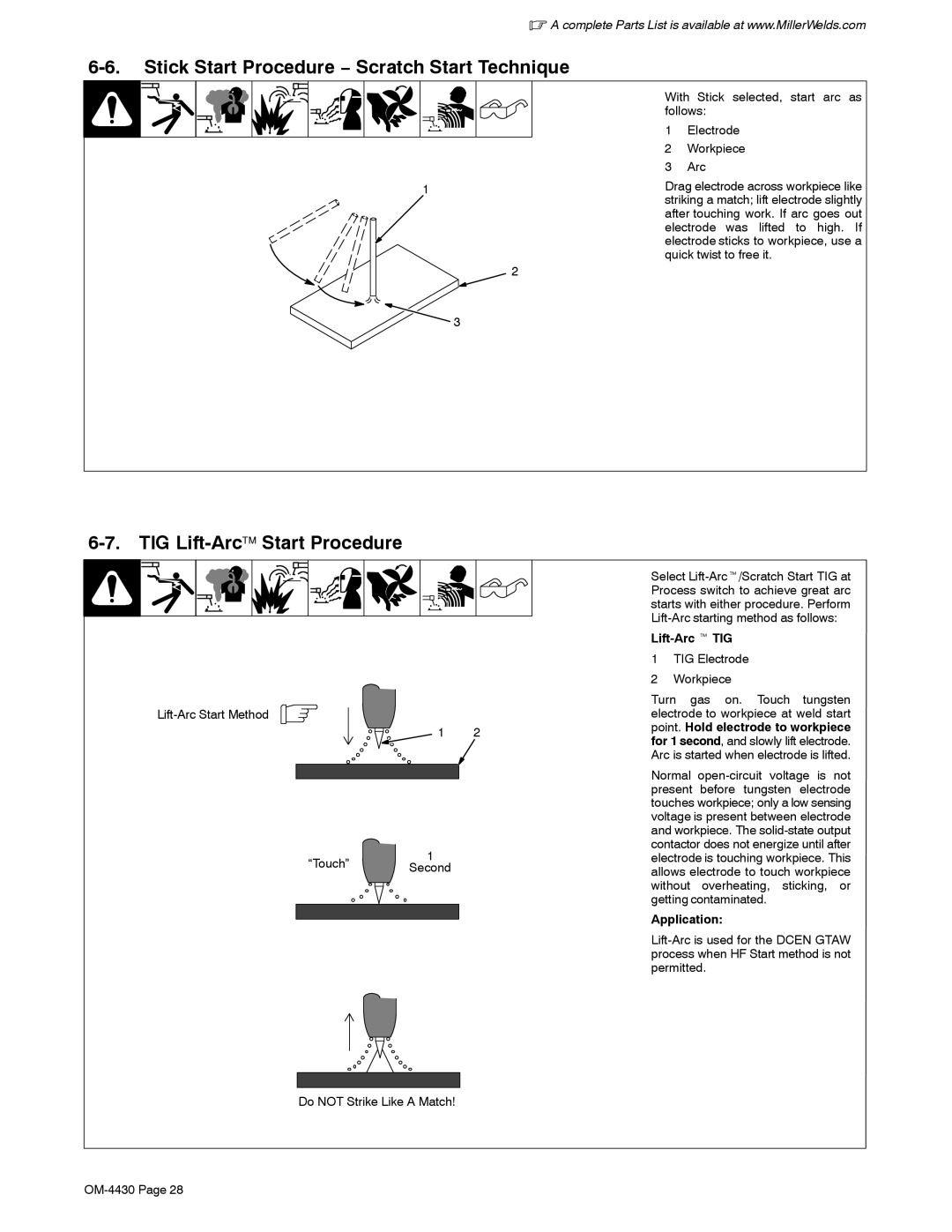 Miller Electric 280 NT manual Stick Start Procedure − Scratch Start Technique, TIG Lift-ArcStart Procedure, Lift-Arc t TIG 