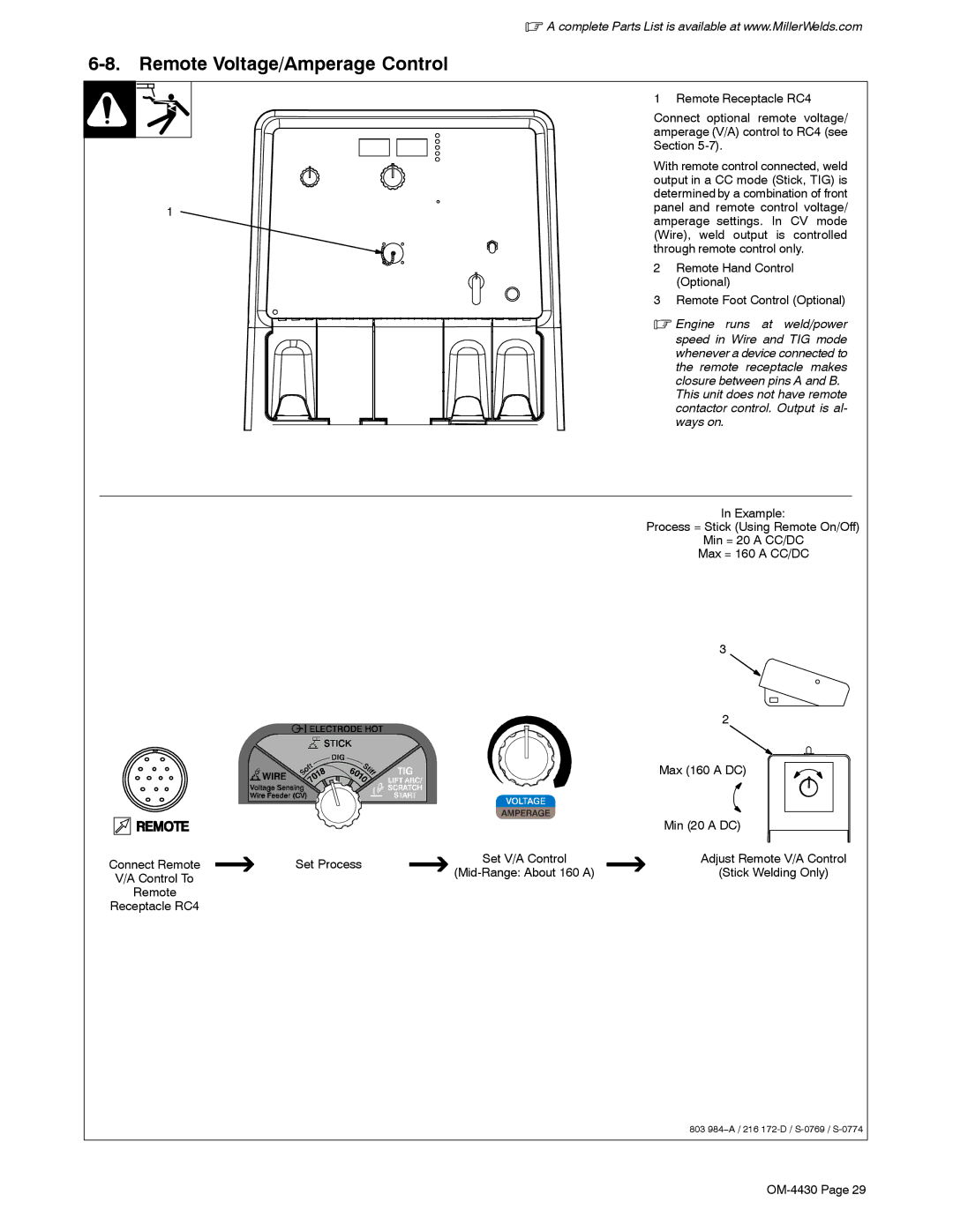 Miller Electric 280 NT manual Remote Voltage/Amperage Control, Min 20 a DC, Connect Remote Set Process, Stick Welding Only 