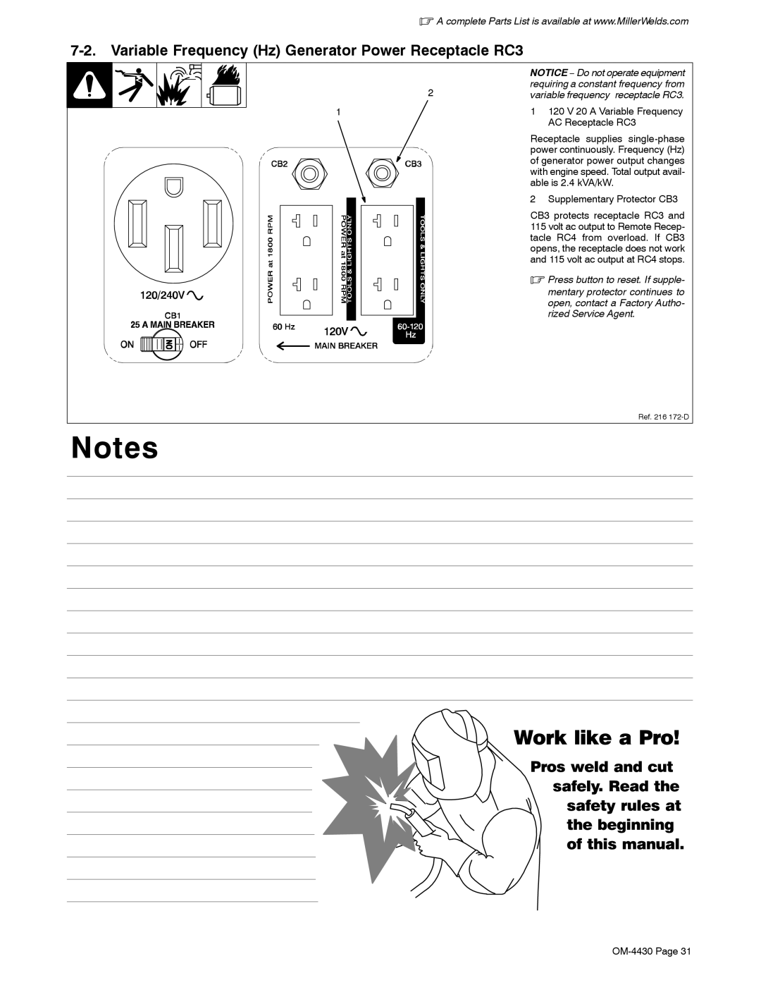 Miller Electric 280 NT manual Variable Frequency Hz Generator Power Receptacle RC3, Press button to reset. If supple 