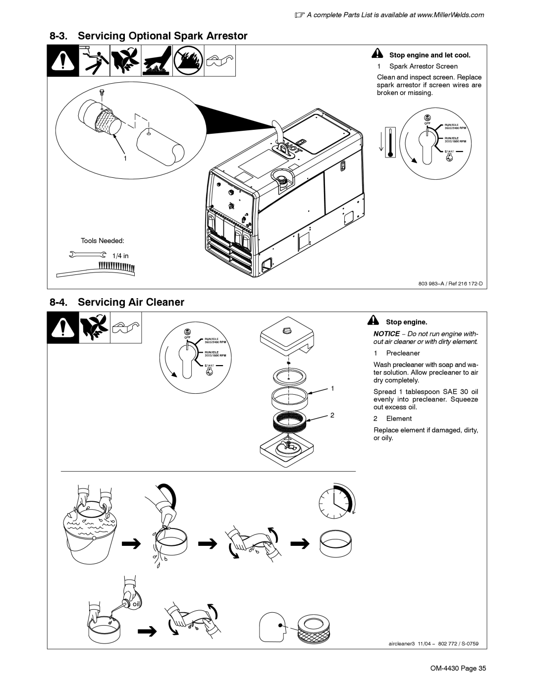 Miller Electric 280 NT manual Servicing Optional Spark Arrestor, Servicing Air Cleaner 