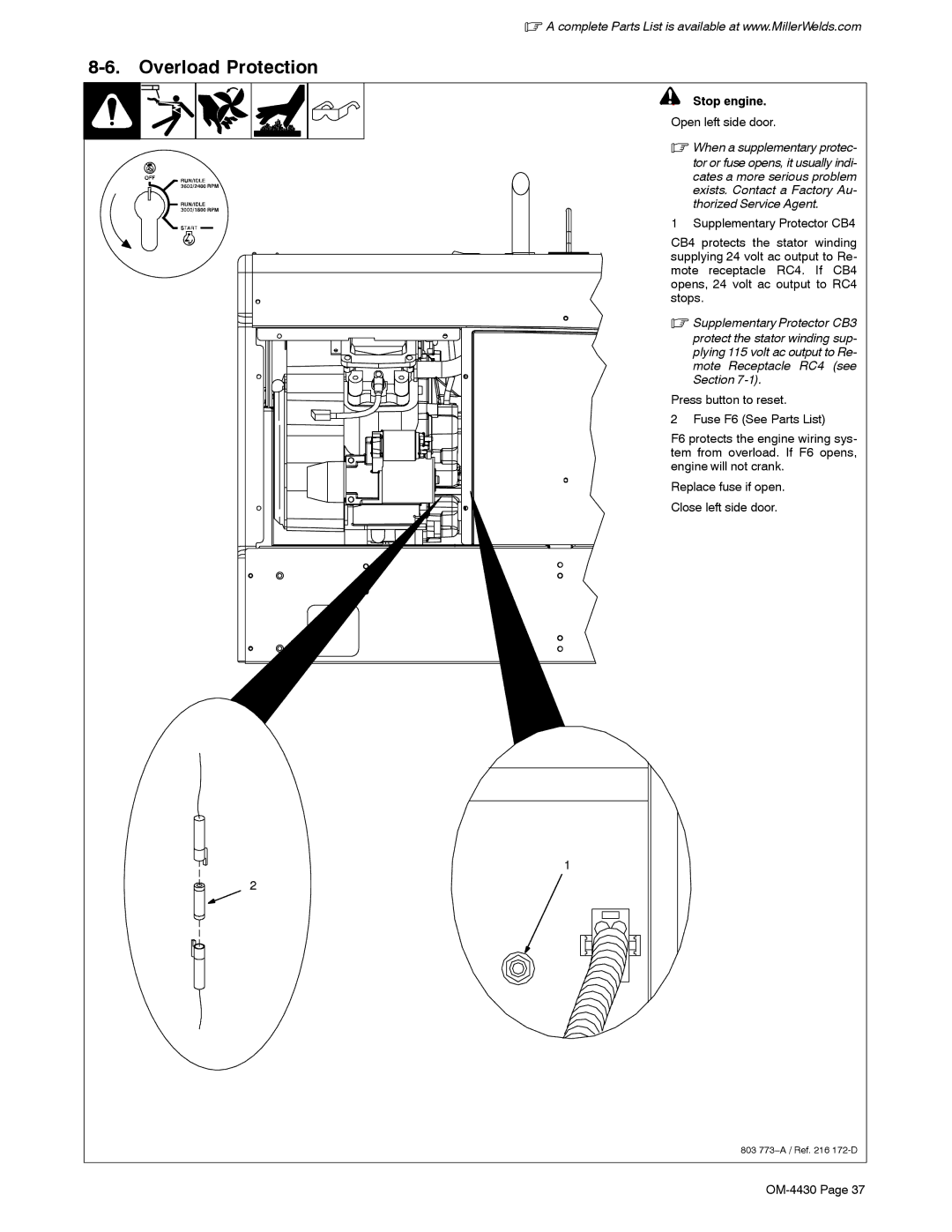 Miller Electric 280 NT manual Overload Protection, Open left side door 