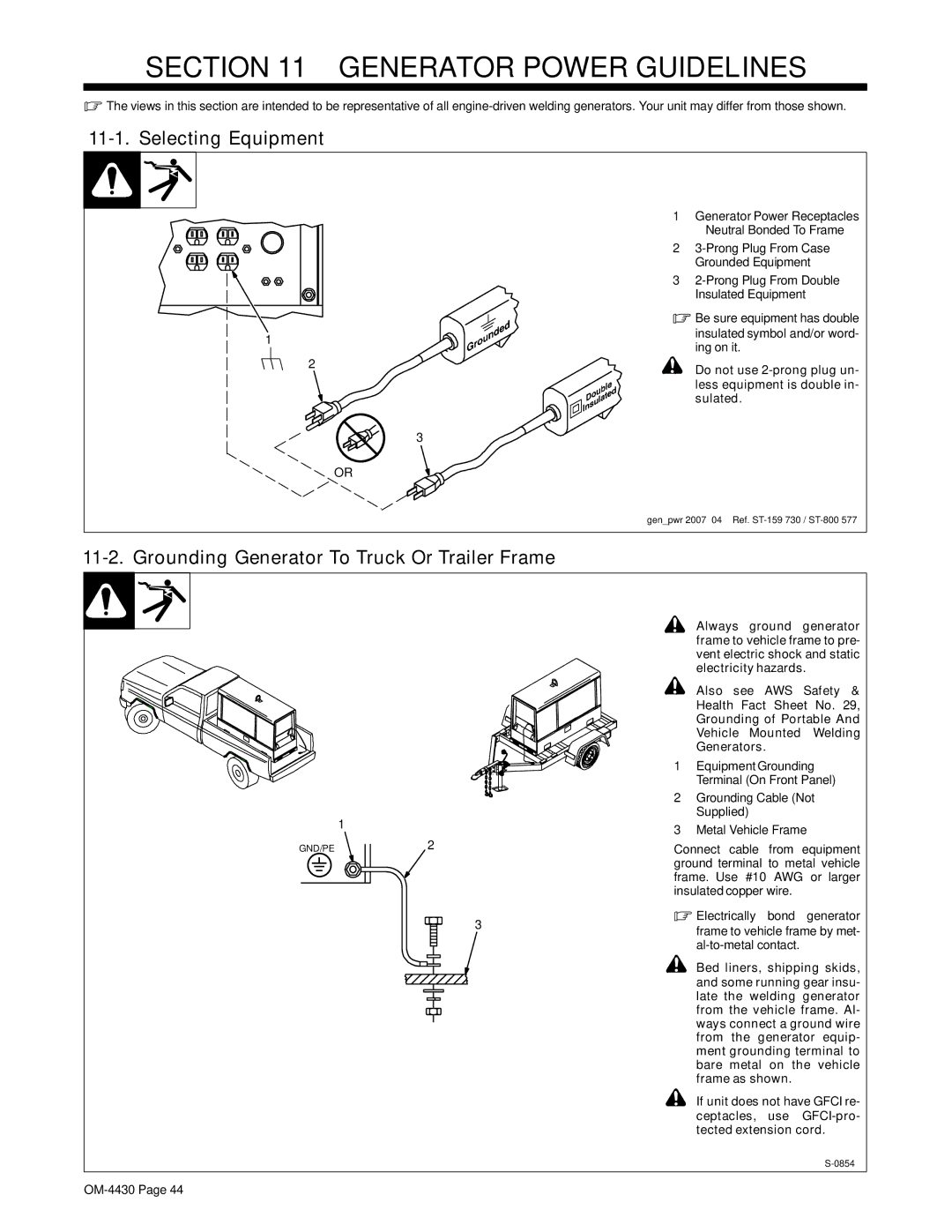 Miller Electric 280 NT Generator Power Guidelines, Selecting Equipment, Grounding Generator To Truck Or Trailer Frame 