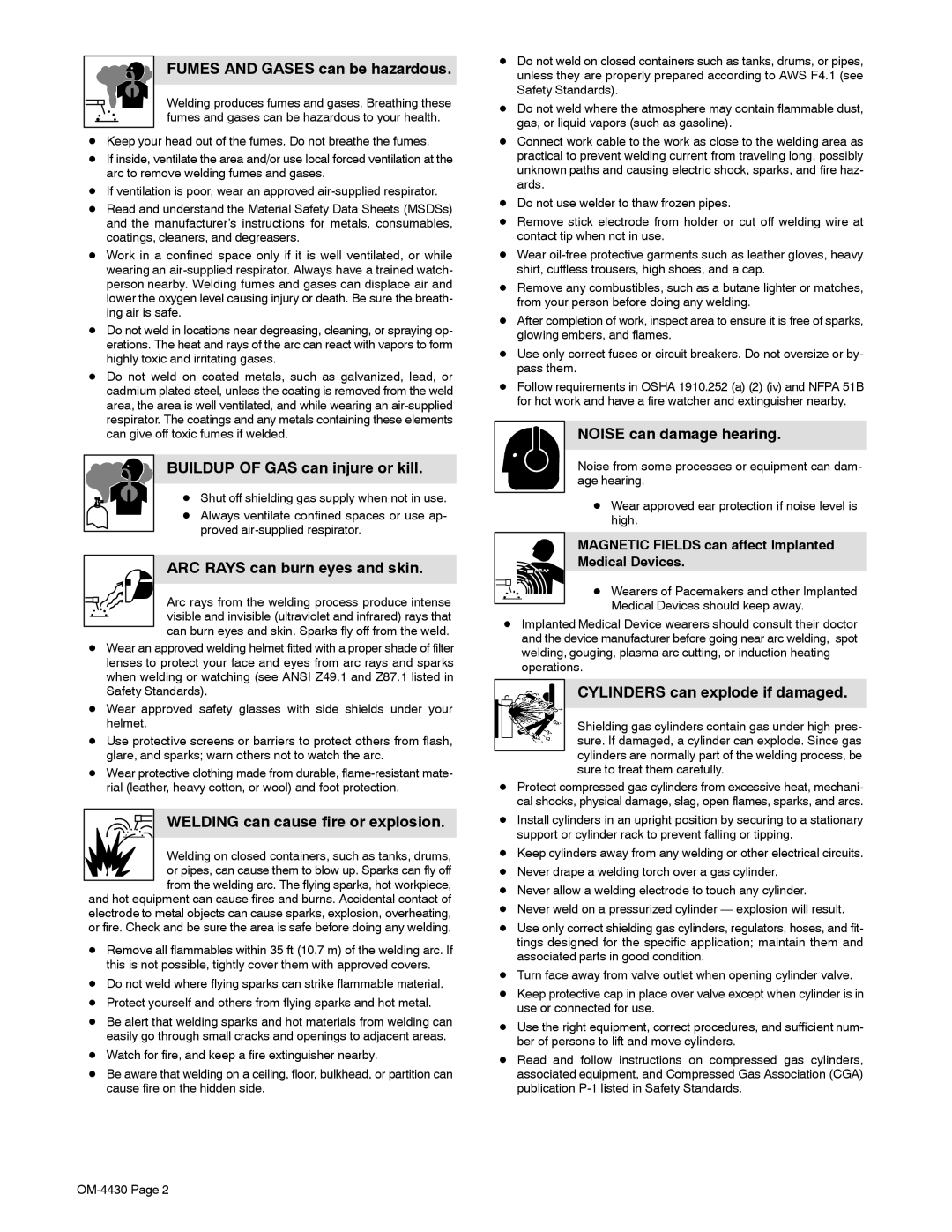 Miller Electric 280 NT manual Fumes and Gases can be hazardous, Buildup of GAS can injure or kill, Noise can damage hearing 