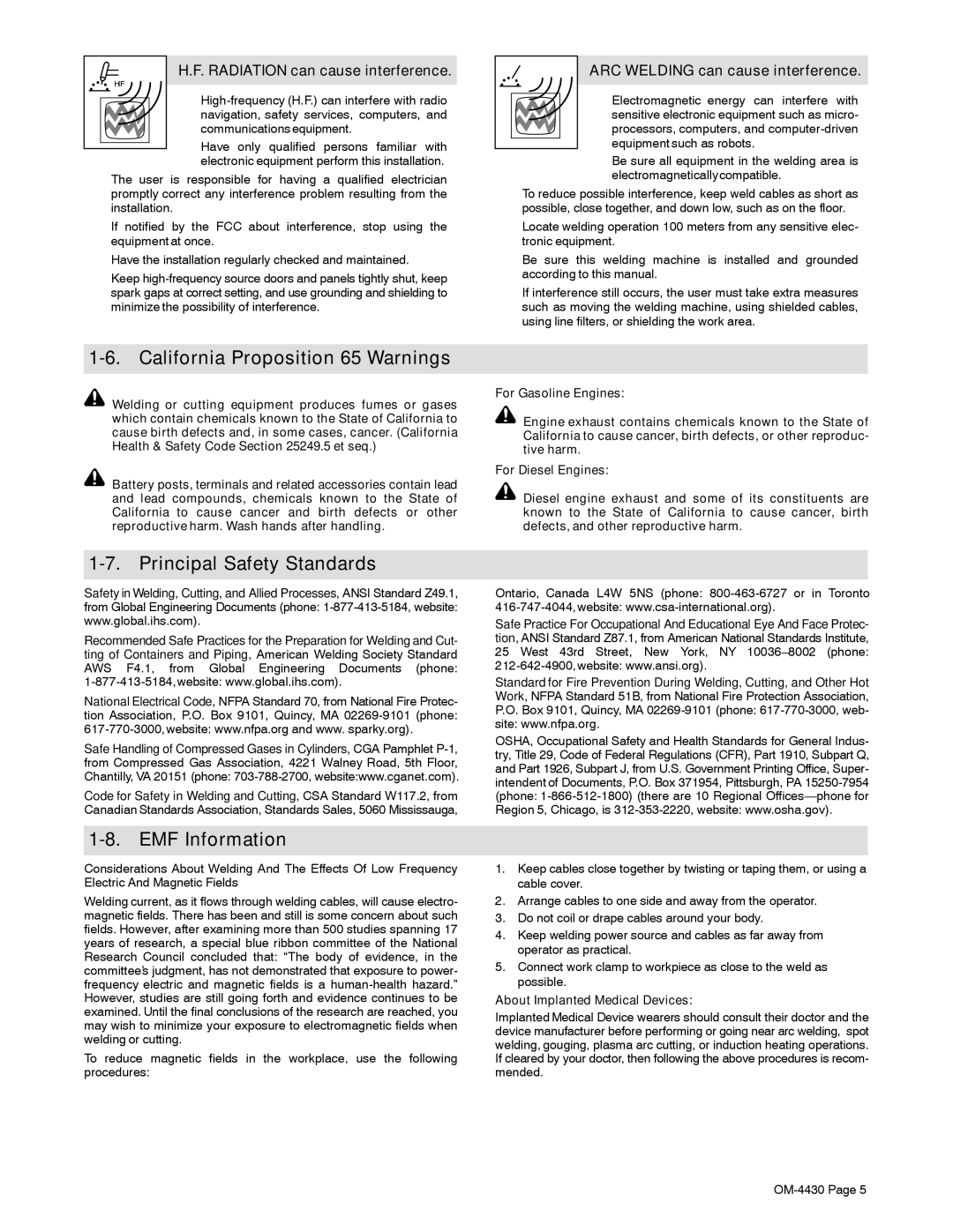 Miller Electric 280 NT manual California Proposition 65 Warnings, Principal Safety Standards, EMF Information 