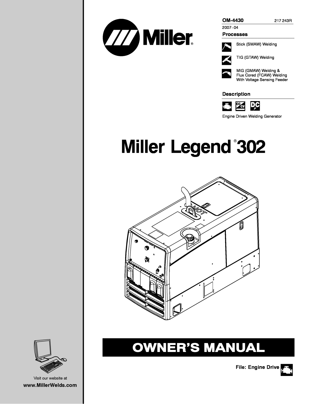 Miller Electric 280 NT manual Miller LegendR302, OM-4430217 243R, Processes, Description, File Engine Drive 
