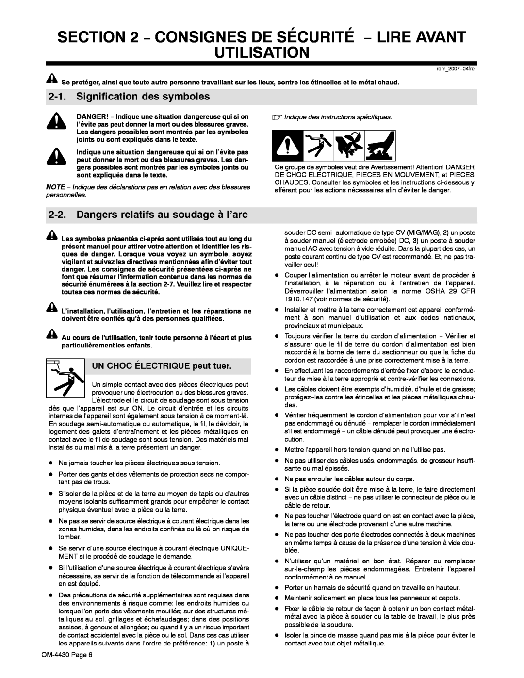 Miller Electric 280 NT manual Consignes De Sécurité − Lire Avant Utilisation, Signification des symboles 