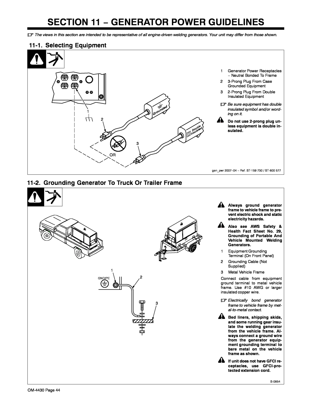 Miller Electric 280 NT Generator Power Guidelines, Selecting Equipment, Grounding Generator To Truck Or Trailer Frame 