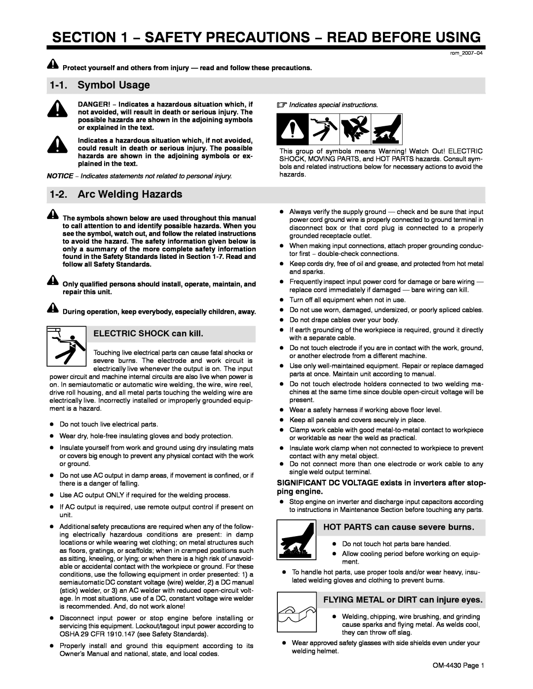 Miller Electric 280 NT manual Symbol Usage, Arc Welding Hazards, Safety Precautions − Read Before Using 