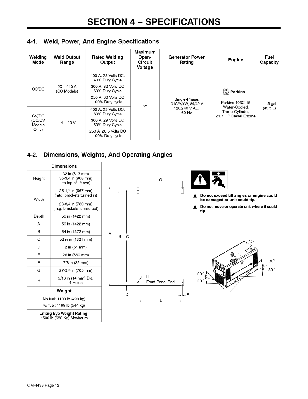 Miller Electric 300 P manual Weld, Power, And Engine Specifications, Dimensions, Weights, And Operating Angles 