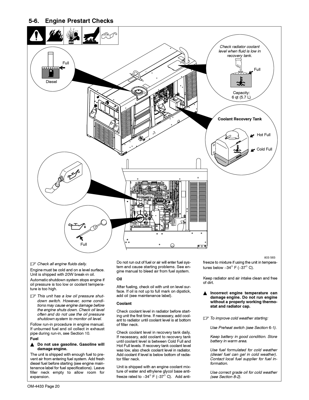 Miller Electric 300 P manual Engine Prestart Checks, Fuel Do not use gasoline. Gasoline will damage engine, Oil, Coolant 