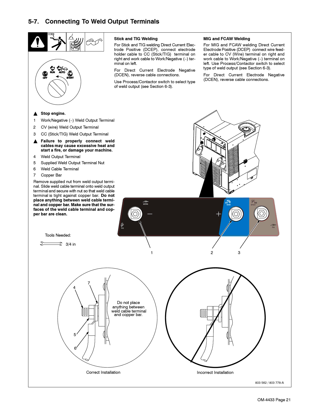 Miller Electric 300 P manual Connecting To Weld Output Terminals, Stick and TIG Welding, MIG and Fcaw Welding, Stop engine 