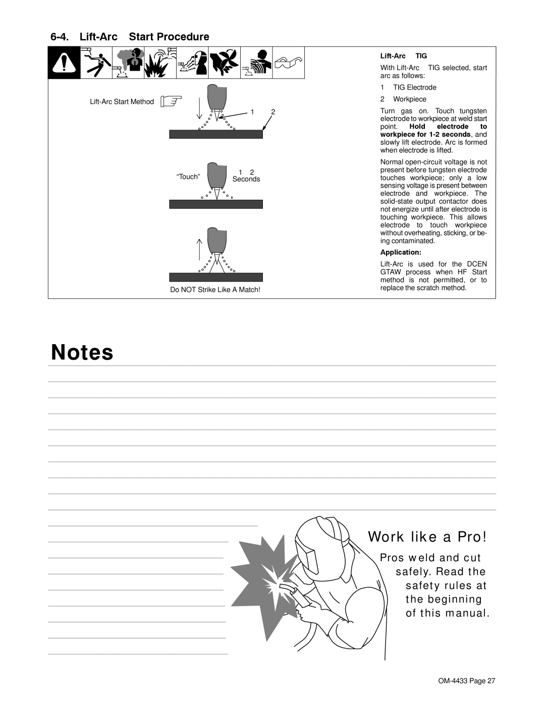 Miller Electric 300 P Lift-ArcStart Procedure, Lift-Arc Start Method Touch, Do not Strike Like a Match, Lift-Arc t TIG 