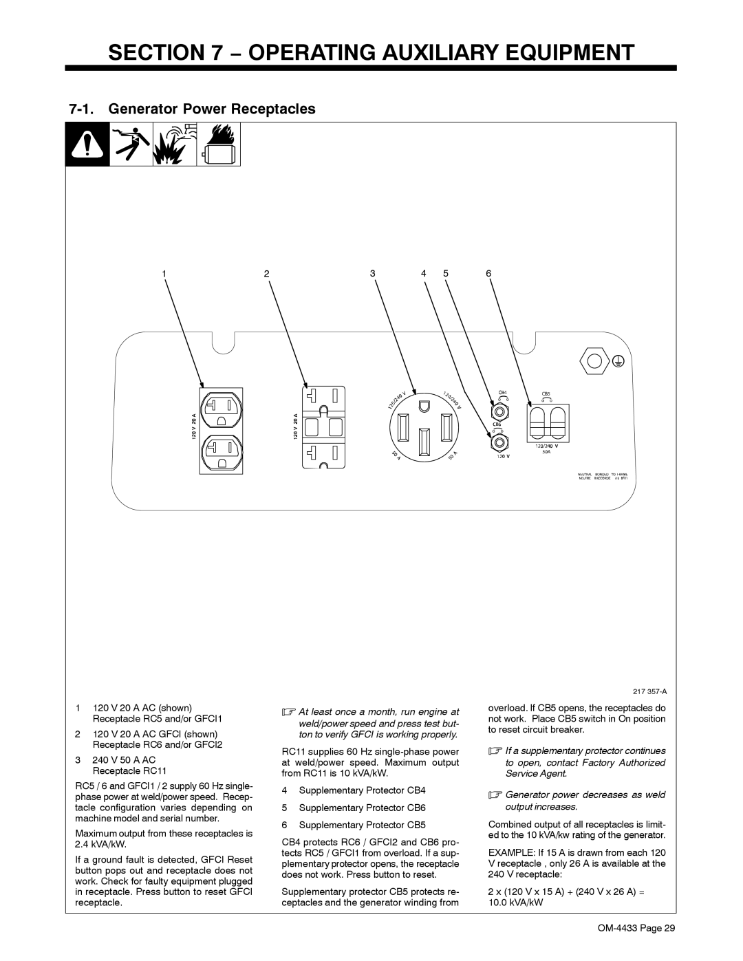 Miller Electric 300 P Operating Auxiliary Equipment, Generator Power Receptacles, At least once a month, run engine at 