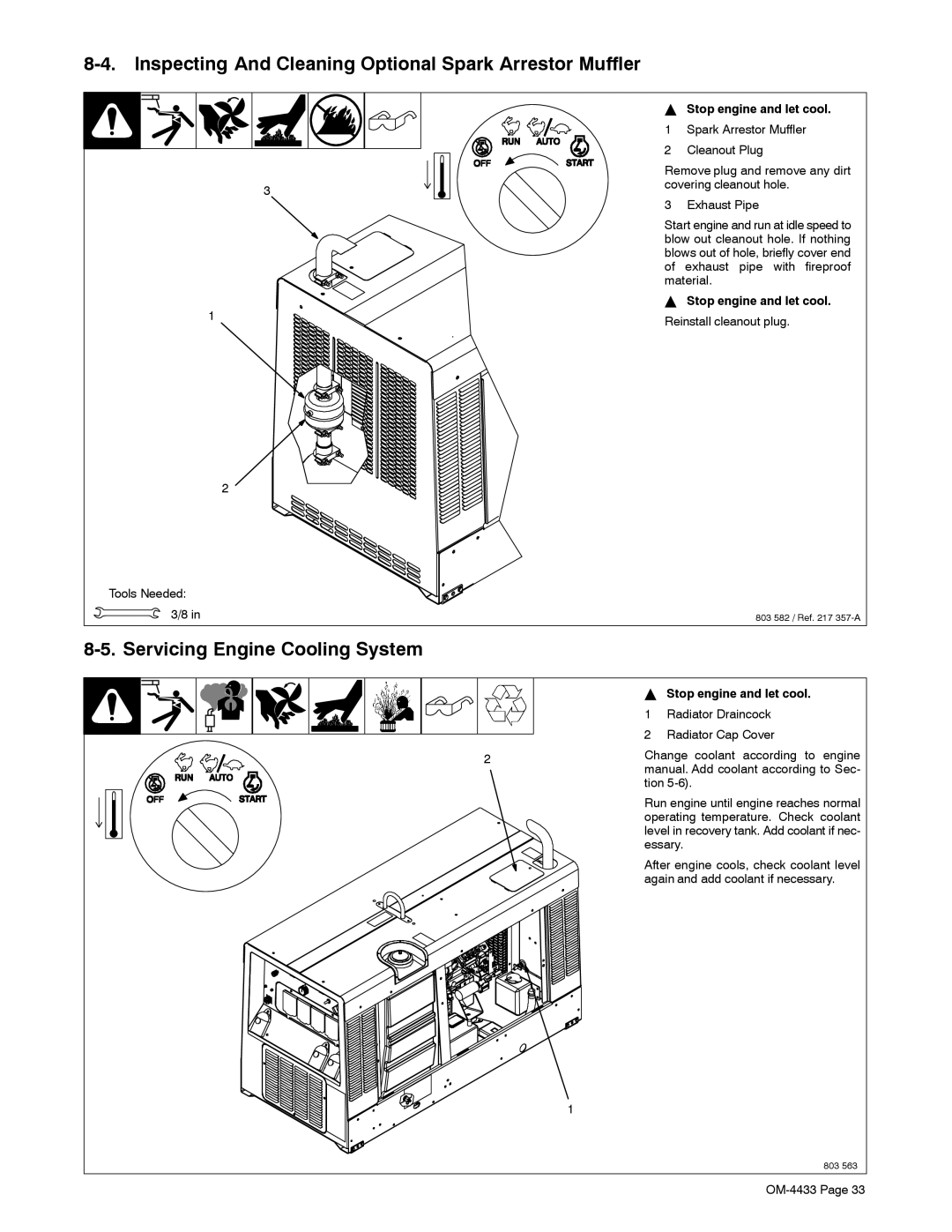 Miller Electric 300 P manual Inspecting And Cleaning Optional Spark Arrestor Muffler, Servicing Engine Cooling System 