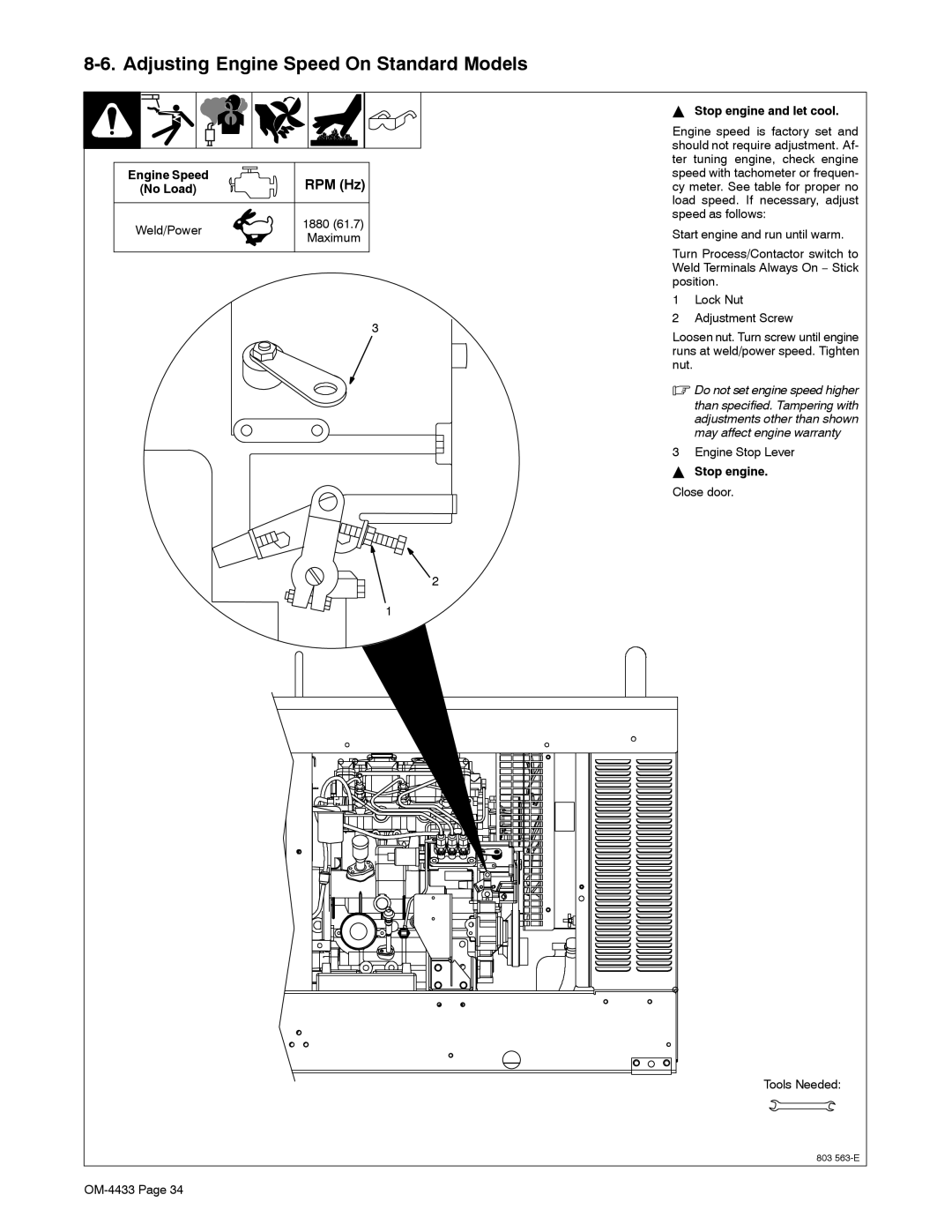 Miller Electric 300 P manual Adjusting Engine Speed On Standard Models, Maximum, Do not set engine speed higher 