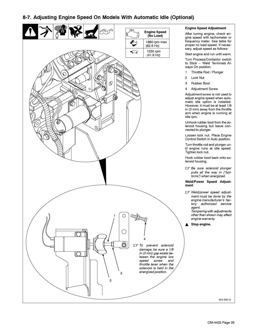 Miller Electric 300 P manual Engine Speed No Load, Rpm max 62.6 Hz 1250 rpm 41.6 Hz, Engine Speed Adjustment 