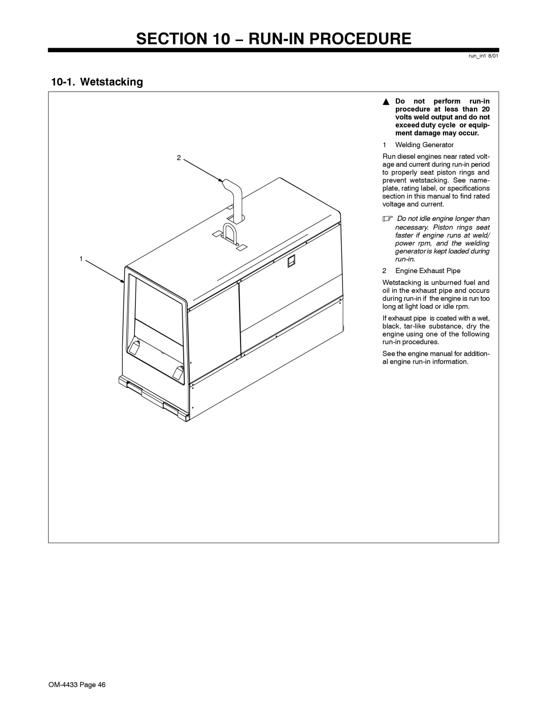 Miller Electric 300 P manual RUN-IN Procedure, Wetstacking, Welding Generator 