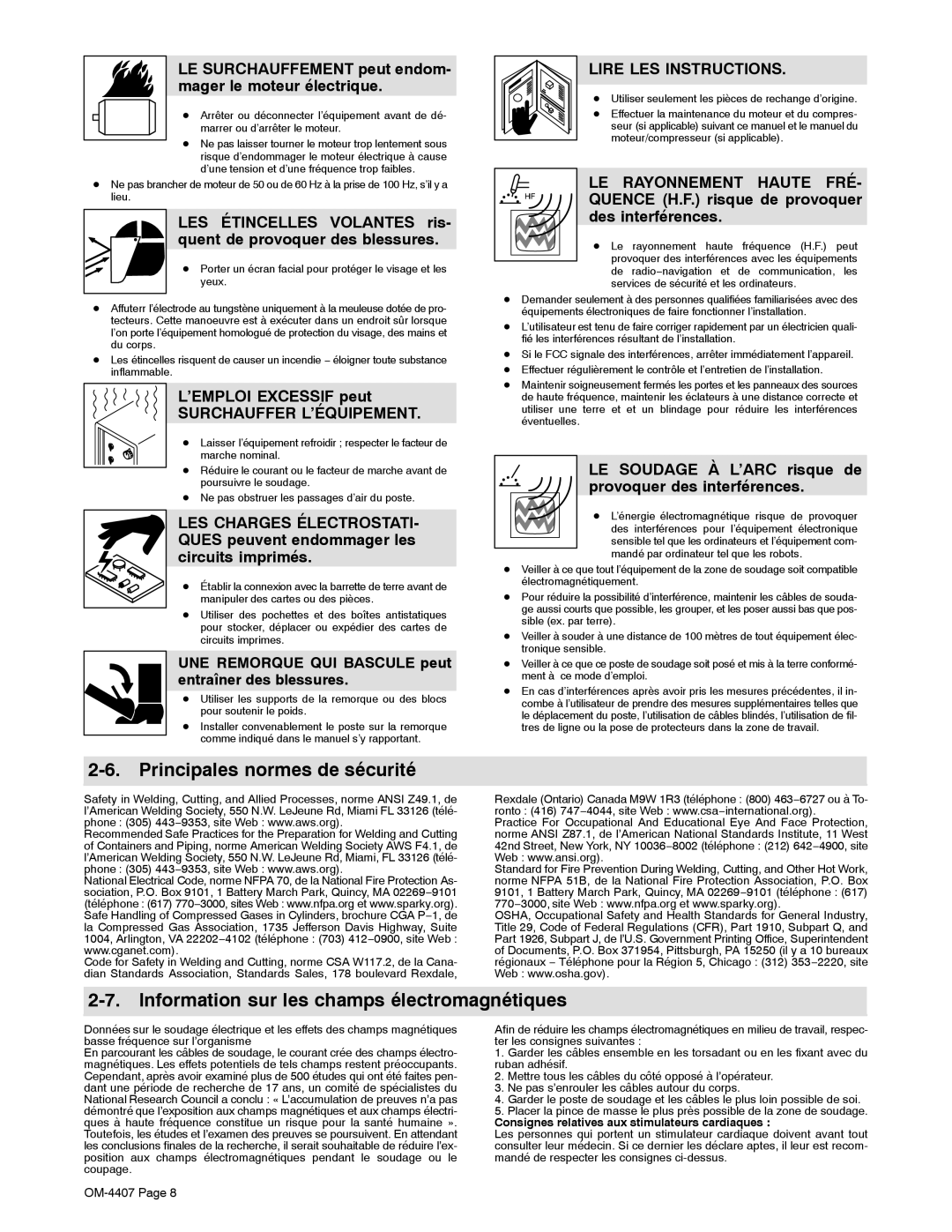 Miller Electric 301 G, DC, Trailblazer DC Principales normes de sécurité, Information sur les champs électromagnétiques 