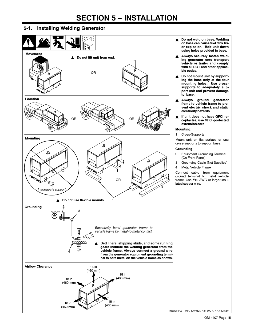 Miller Electric Trailblazer DC, 301 G, DC manual Installation, Installing Welding Generator 