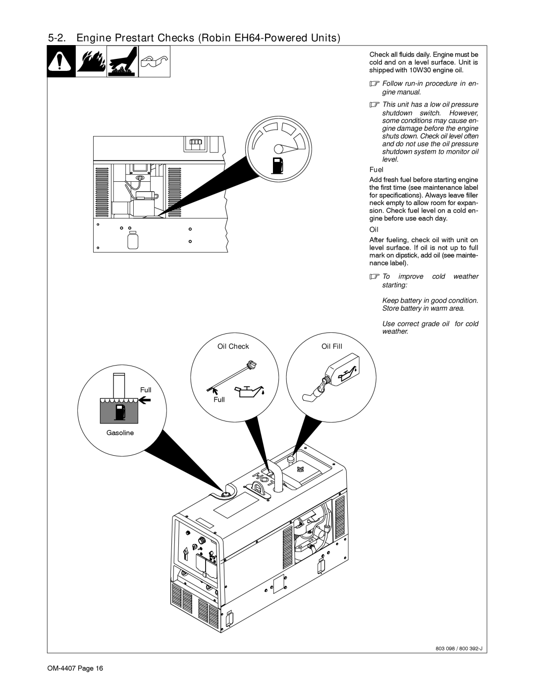 Miller Electric 301 G, DC, Trailblazer DC manual Engine Prestart Checks Robin EH64-Powered Units, Oil Check Oil Fill 