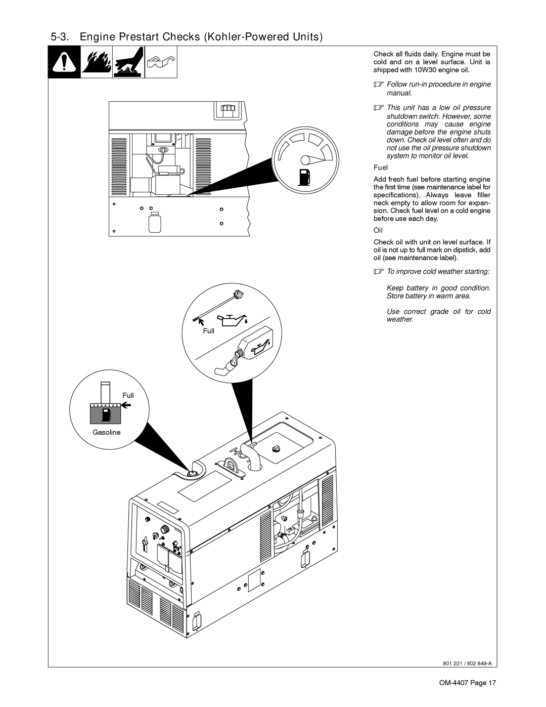 Miller Electric Trailblazer DC Engine Prestart Checks Kohler-Powered Units, Follow run-in procedure in engine manual 