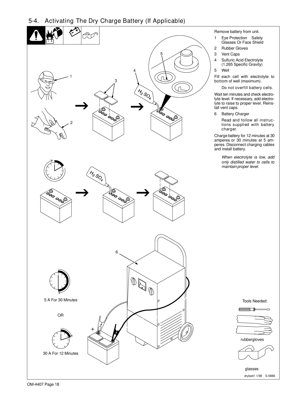 Miller Electric 301 G, DC manual Activating The Dry Charge Battery If Applicable, Do not overfill battery cells, Charger 