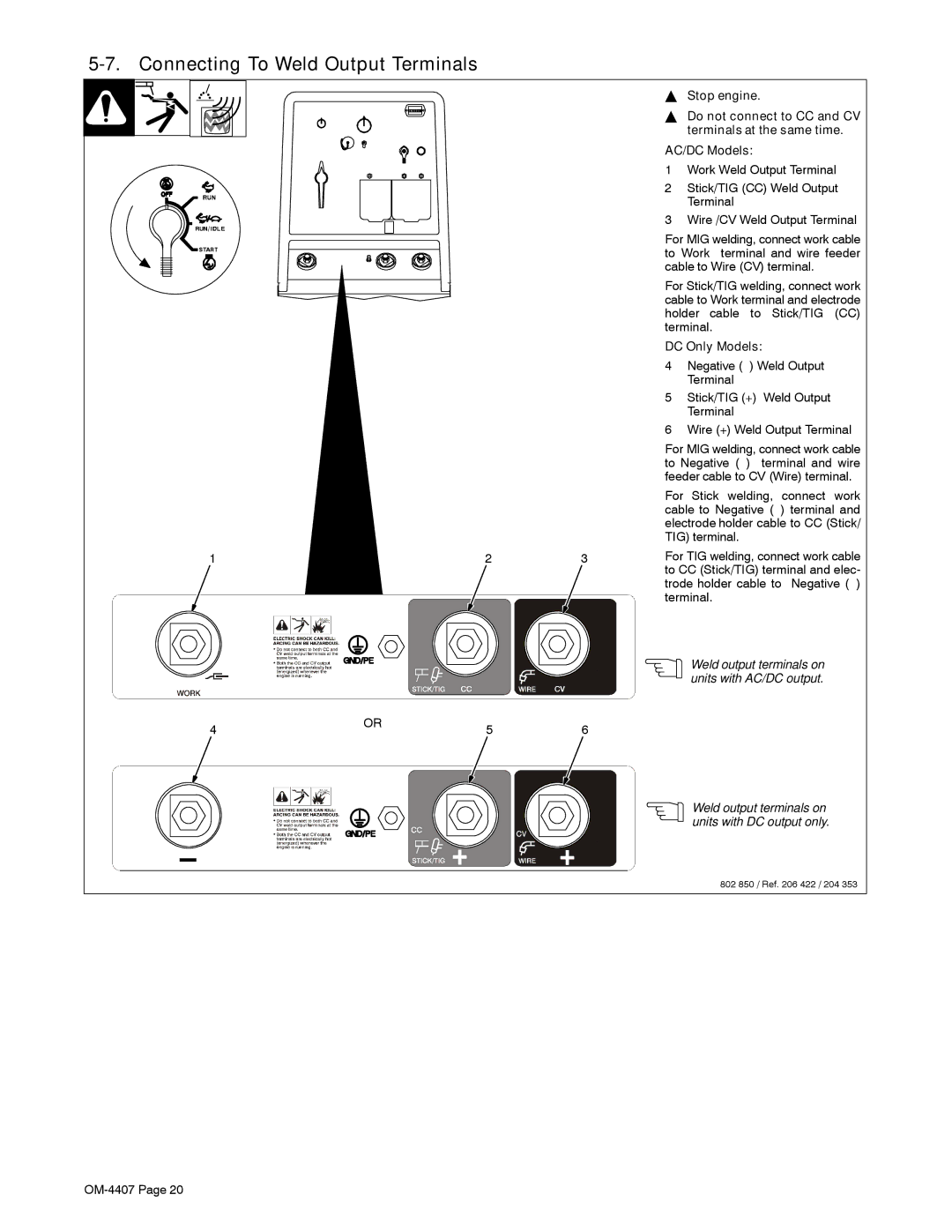 Miller Electric 301 G, DC, Trailblazer DC Connecting To Weld Output Terminals, Stop engine, AC/DC Models, DC Only Models 