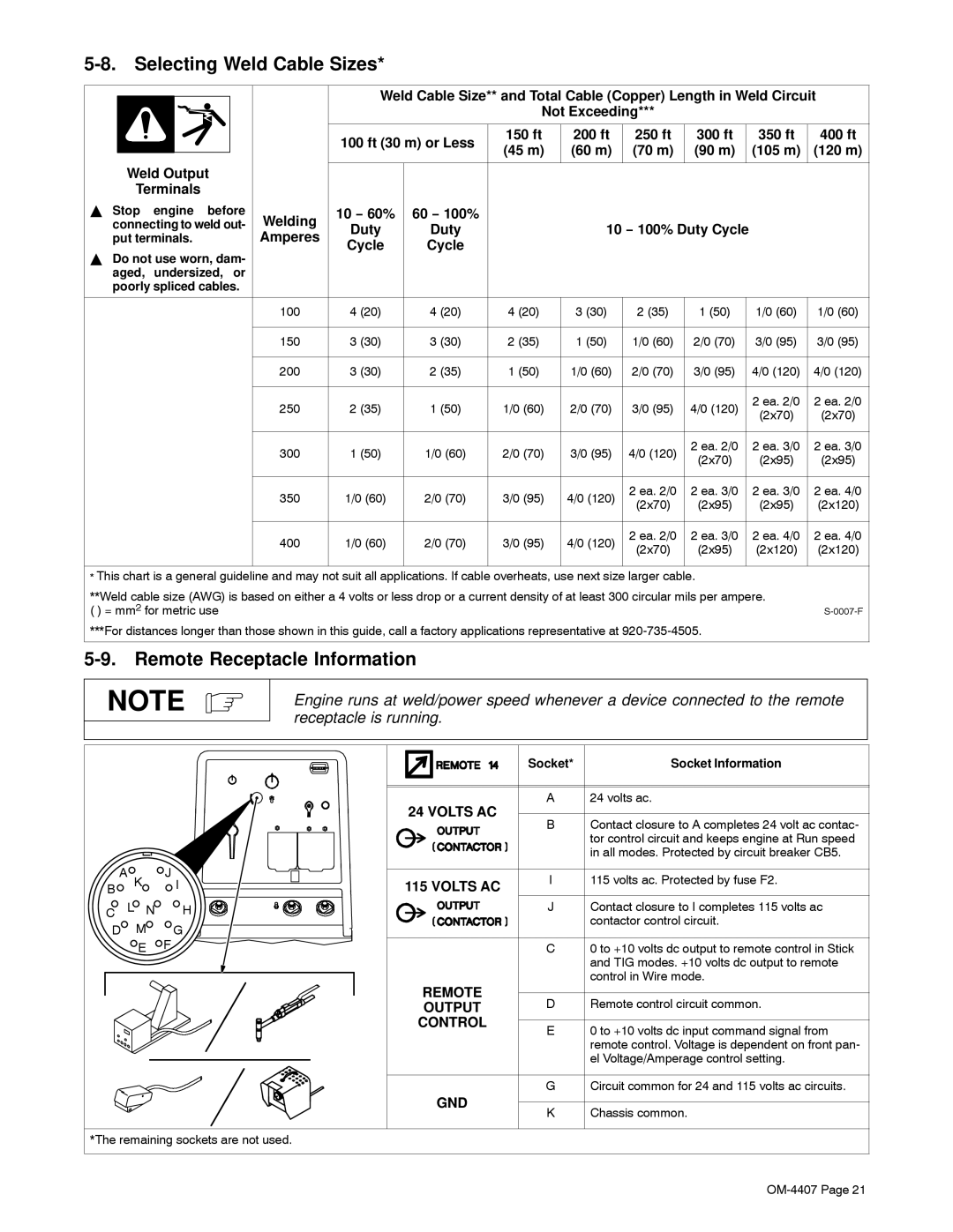 Miller Electric Trailblazer DC, 301 G, DC manual Selecting Weld Cable Sizes, Remote Receptacle Information 