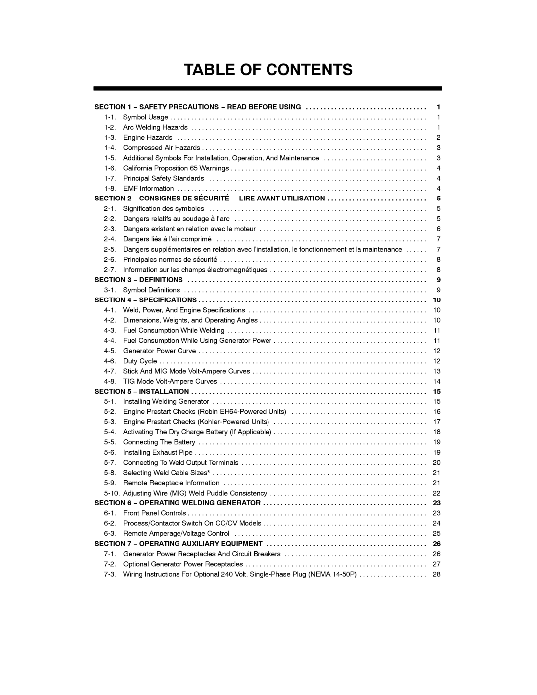 Miller Electric Trailblazer DC, 301 G, DC manual Table of Contents 