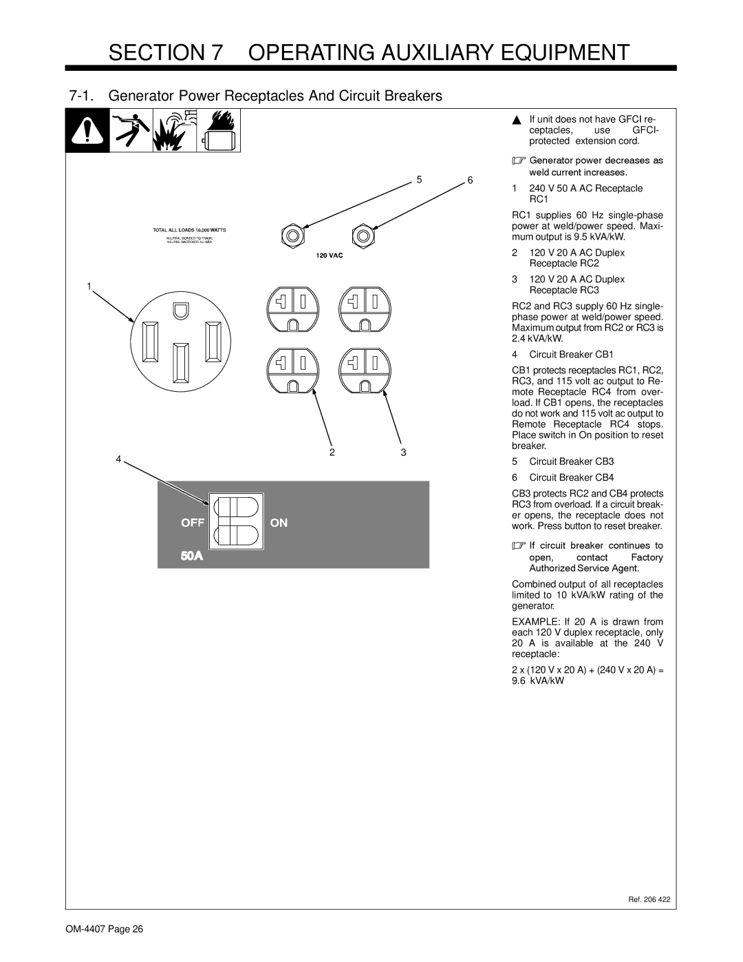 Miller Electric 301 G, DC, Trailblazer DC Operating Auxiliary Equipment, Generator Power Receptacles And Circuit Breakers 