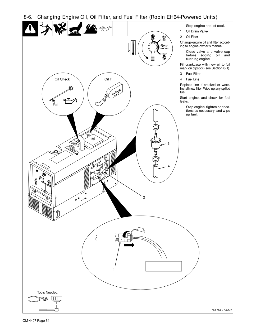 Miller Electric 301 G, DC, Trailblazer DC manual Close valve and valve cap, Before adding oil, Running engine 