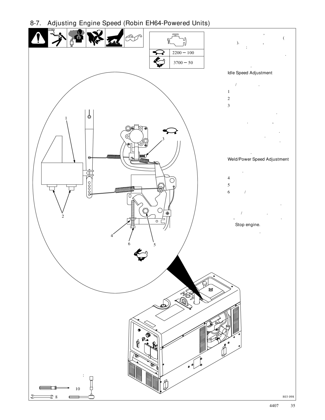 Miller Electric Trailblazer DC, 301 G, DC manual Adjusting Engine Speed Robin EH64-Powered Units, Idle Speed Adjustment 