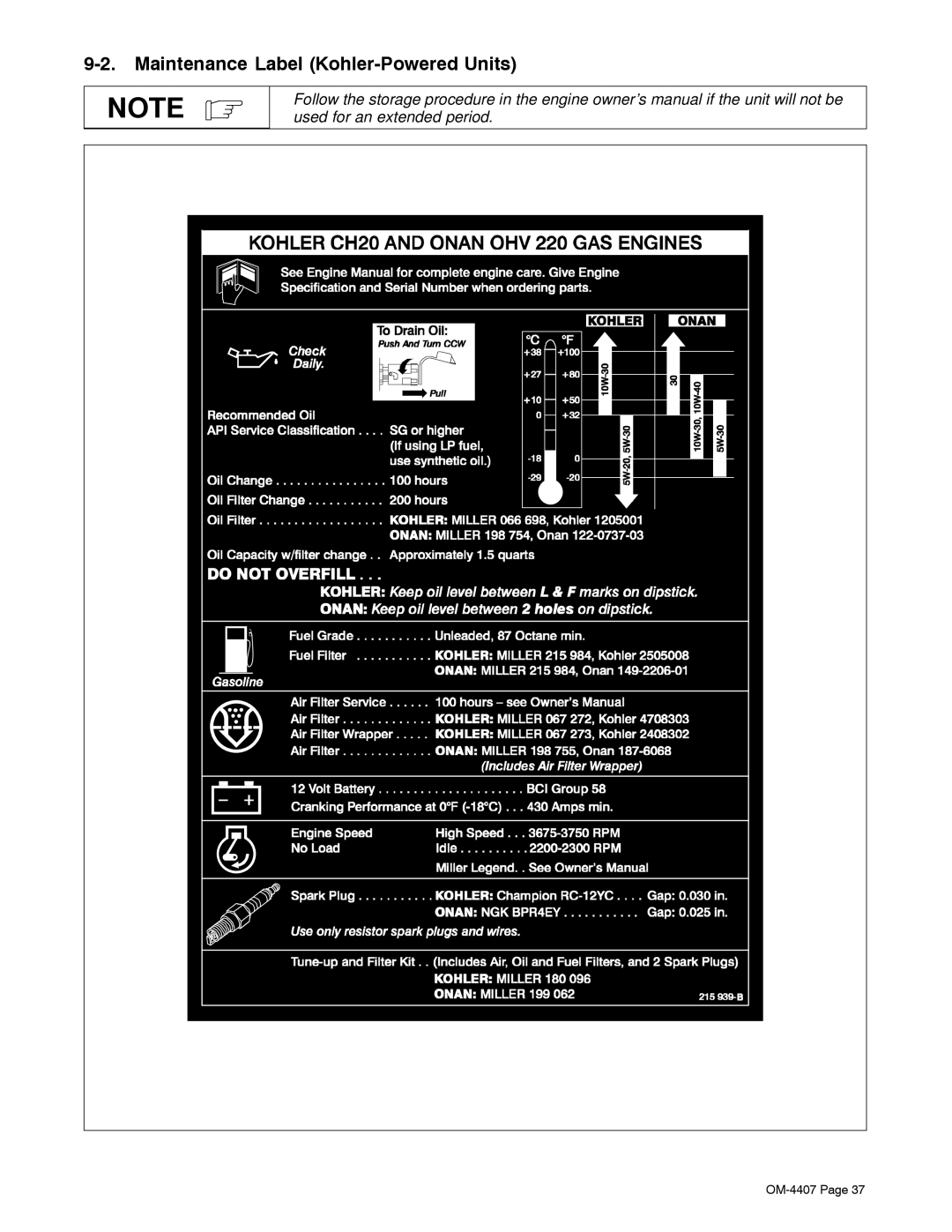 Miller Electric Trailblazer DC, 301 G, DC manual Maintenance Label Kohler-Powered Units 