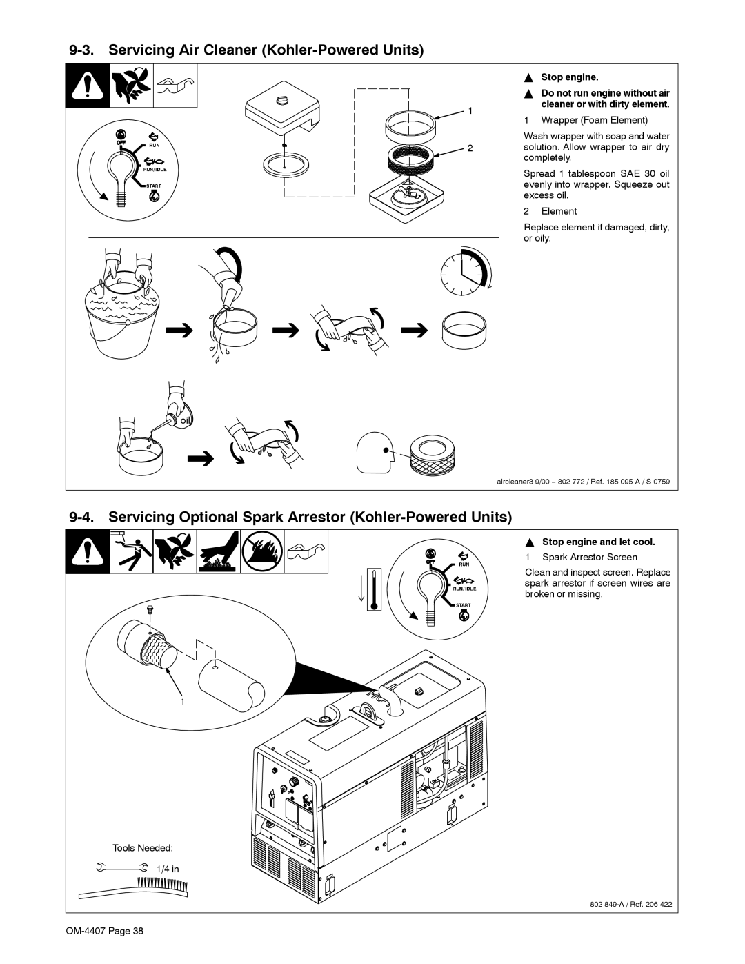 Miller Electric 301 G, DC, Trailblazer DC manual Servicing Air Cleaner Kohler-Powered Units 