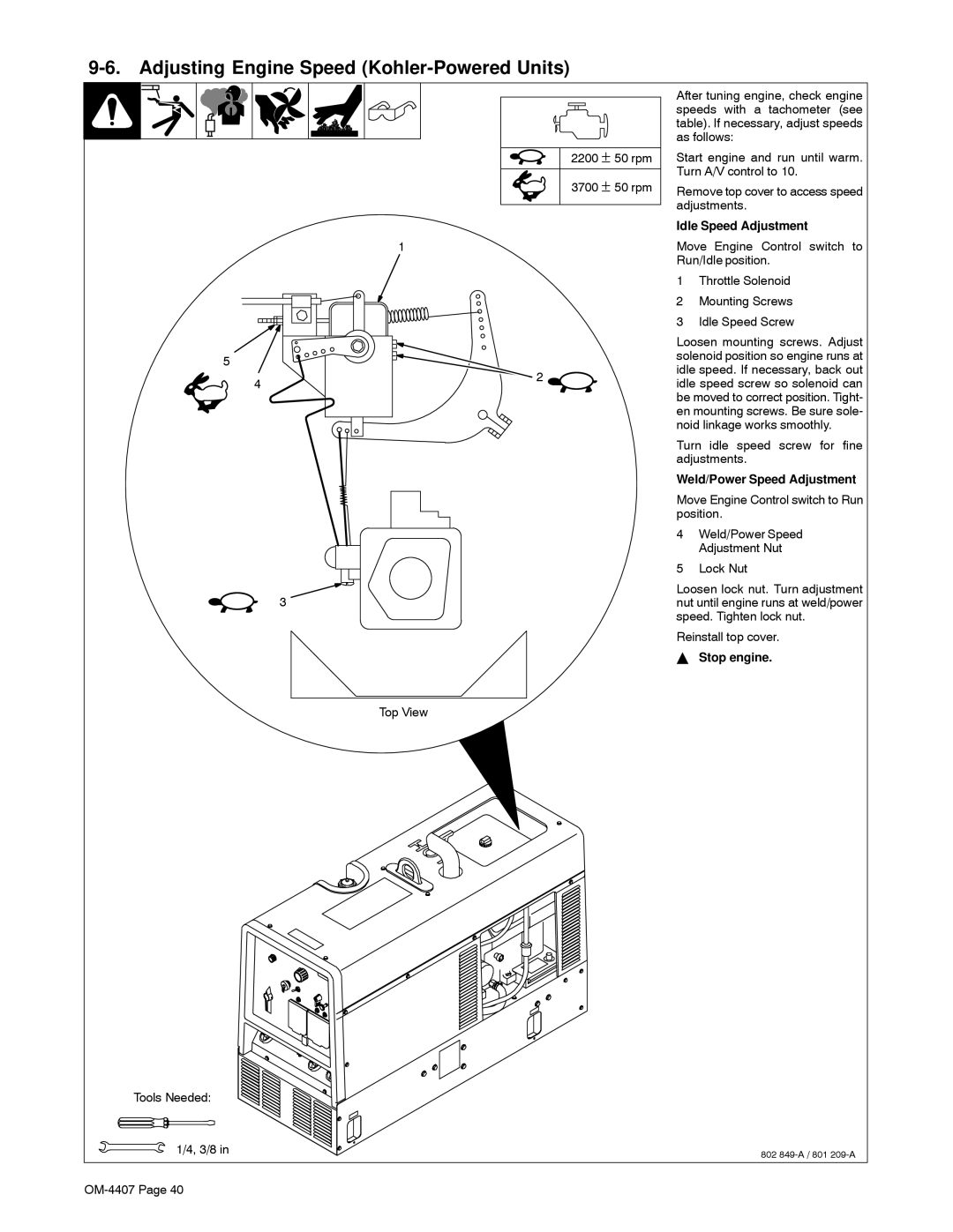 Miller Electric 301 G, DC, Trailblazer DC manual Adjusting Engine Speed Kohler-Powered Units, Idle Speed Adjustment 