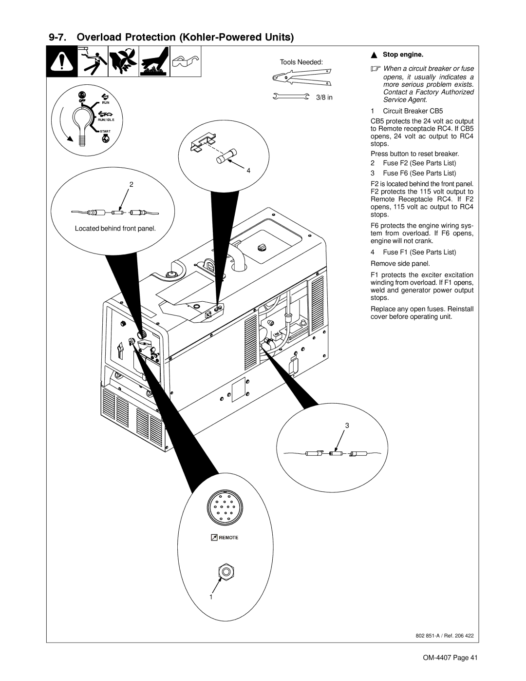 Miller Electric Trailblazer DC, 301 G, DC manual Overload Protection Kohler-Powered Units 