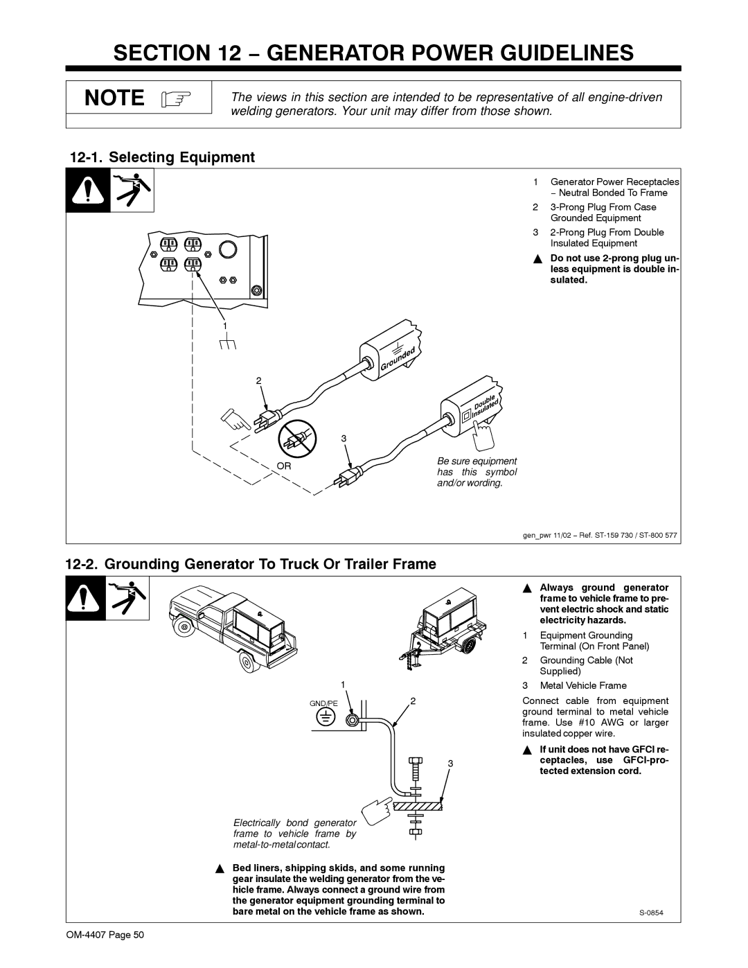 Miller Electric 301 G, DC Generator Power Guidelines, Selecting Equipment, Grounding Generator To Truck Or Trailer Frame 