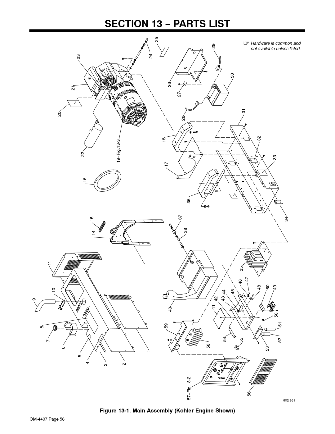 Miller Electric 301 G, DC, Trailblazer DC manual Parts List, Main Assembly Kohler Engine Shown 