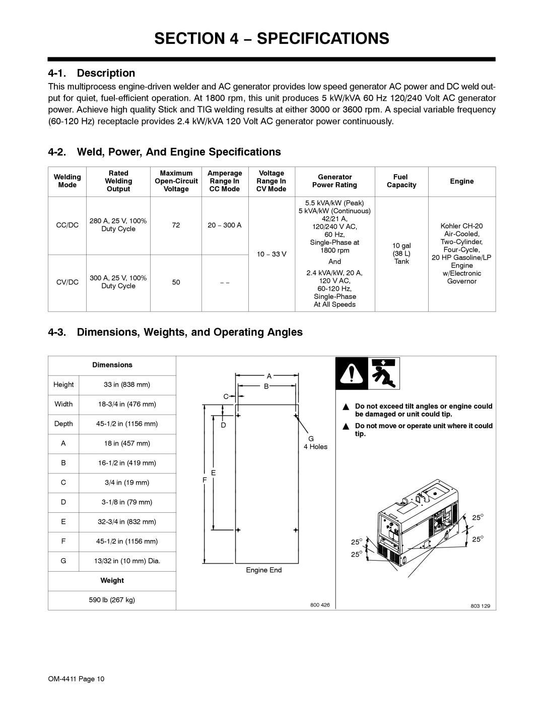 Miller Electric 301 G Description, Weld, Power, And Engine Specifications, Dimensions, Weights, and Operating Angles 