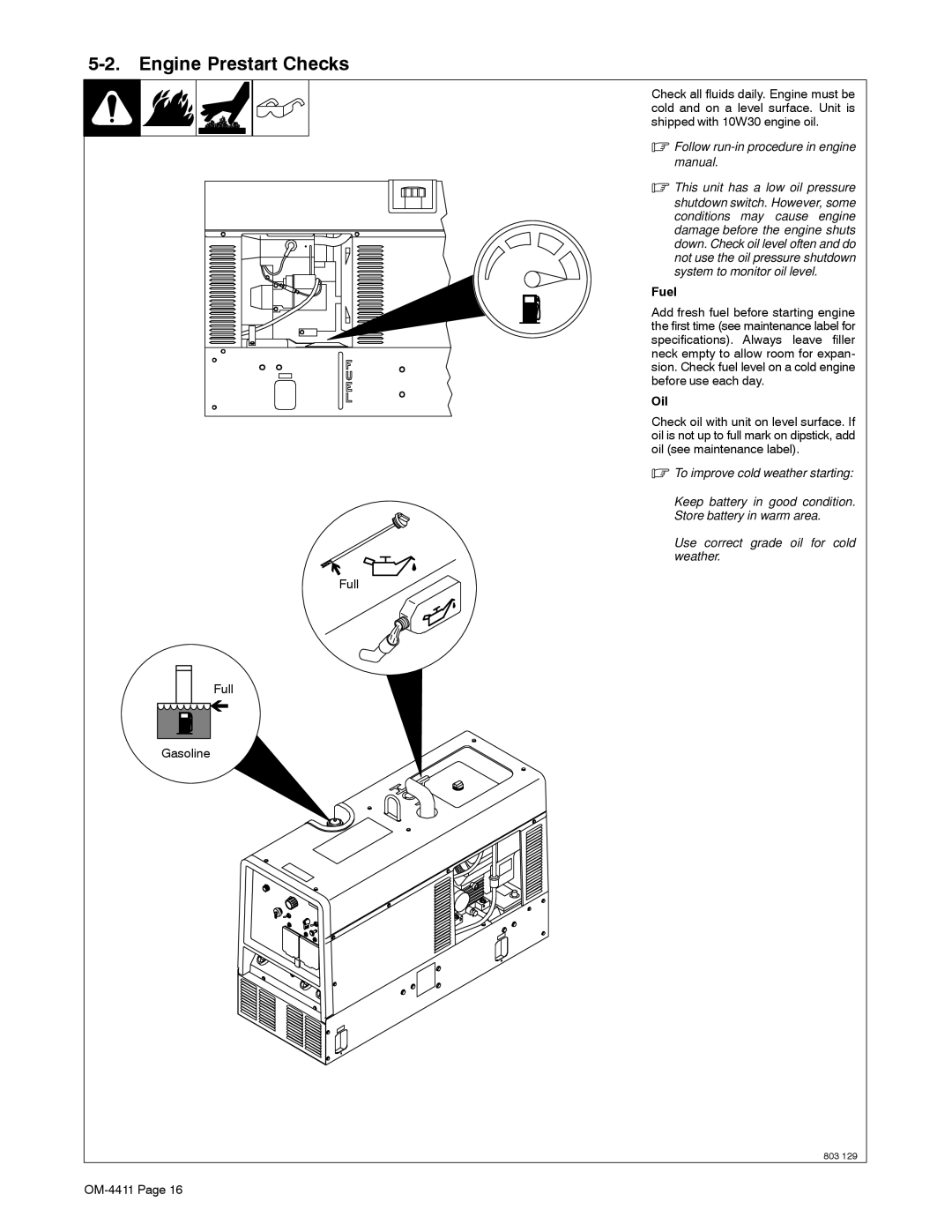 Miller Electric 301 G manual Engine Prestart Checks, Oil, Full Gasoline 