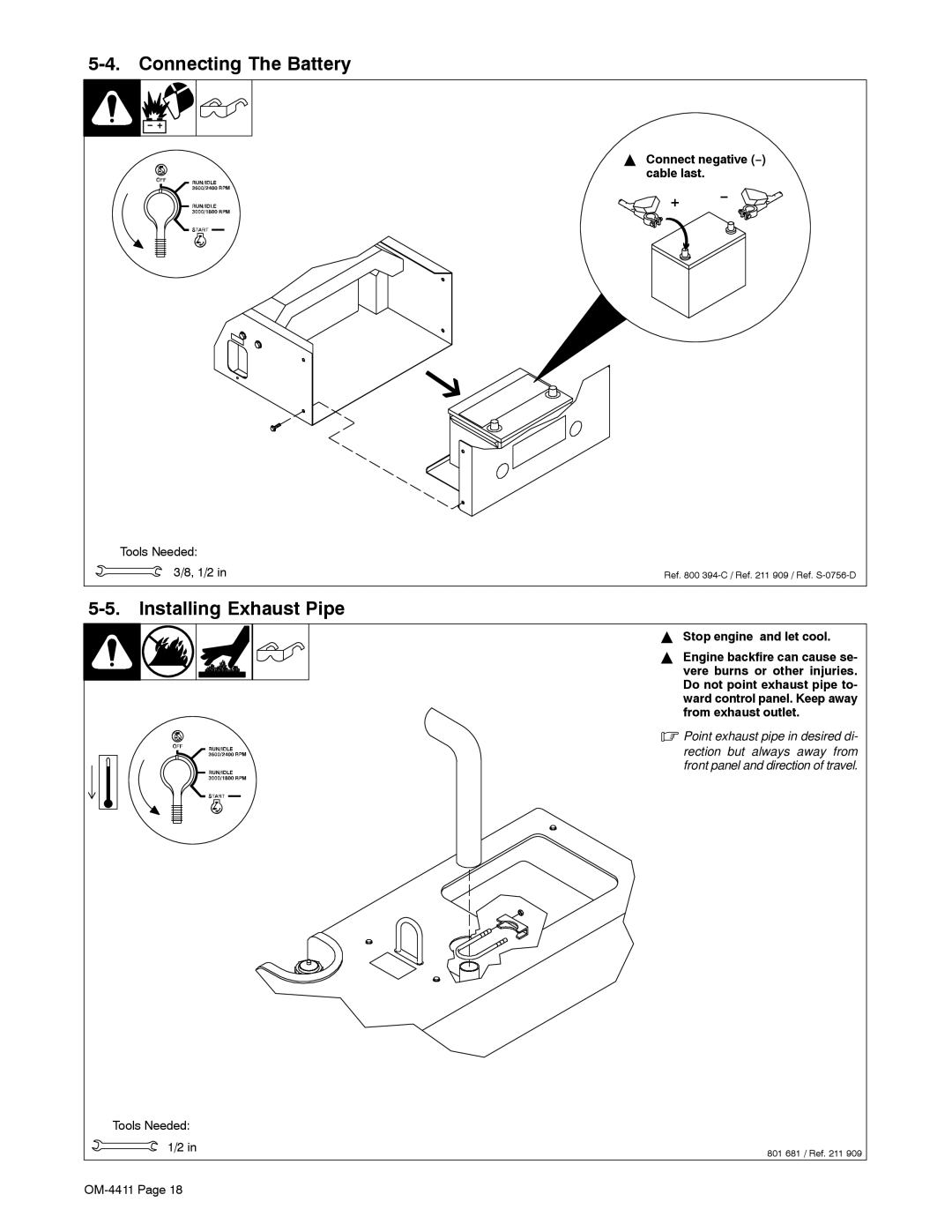 Miller Electric 301 G manual Connecting The Battery, Installing Exhaust Pipe, +, Connect negative − cable last 