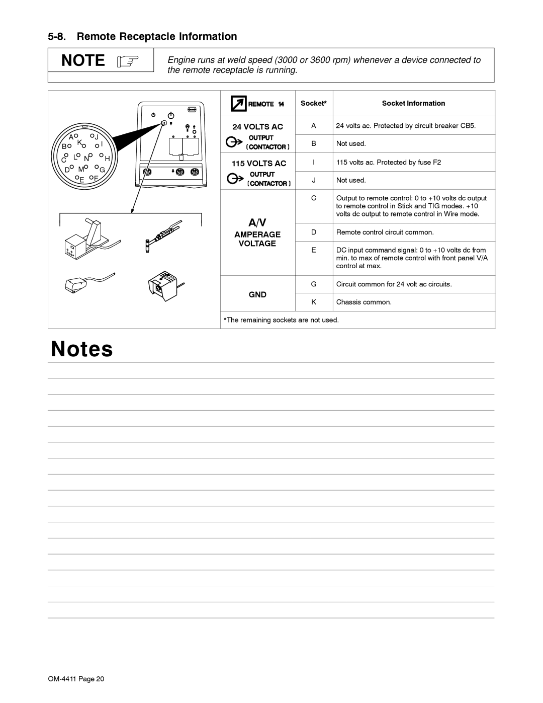 Miller Electric 301 G manual Remote Receptacle Information, Socket Information 