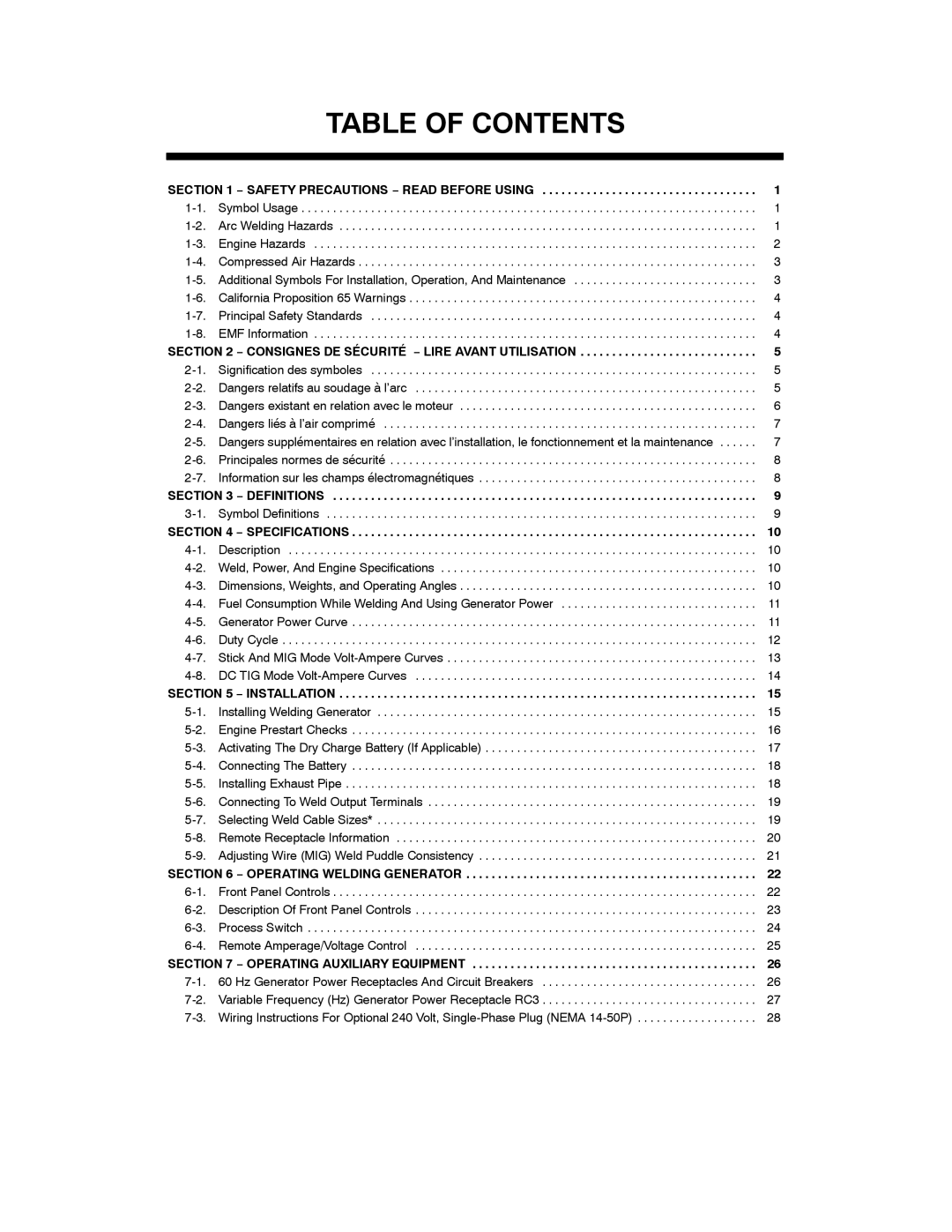 Miller Electric 301 G manual Table of Contents 