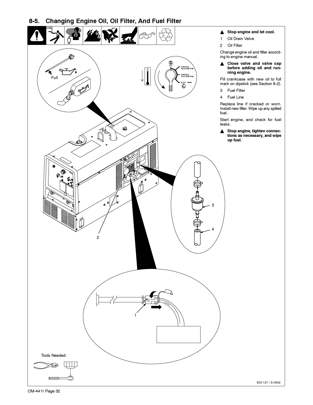 Miller Electric 301 G manual Changing Engine Oil, Oil Filter, And Fuel Filter, Full Tools Needed 